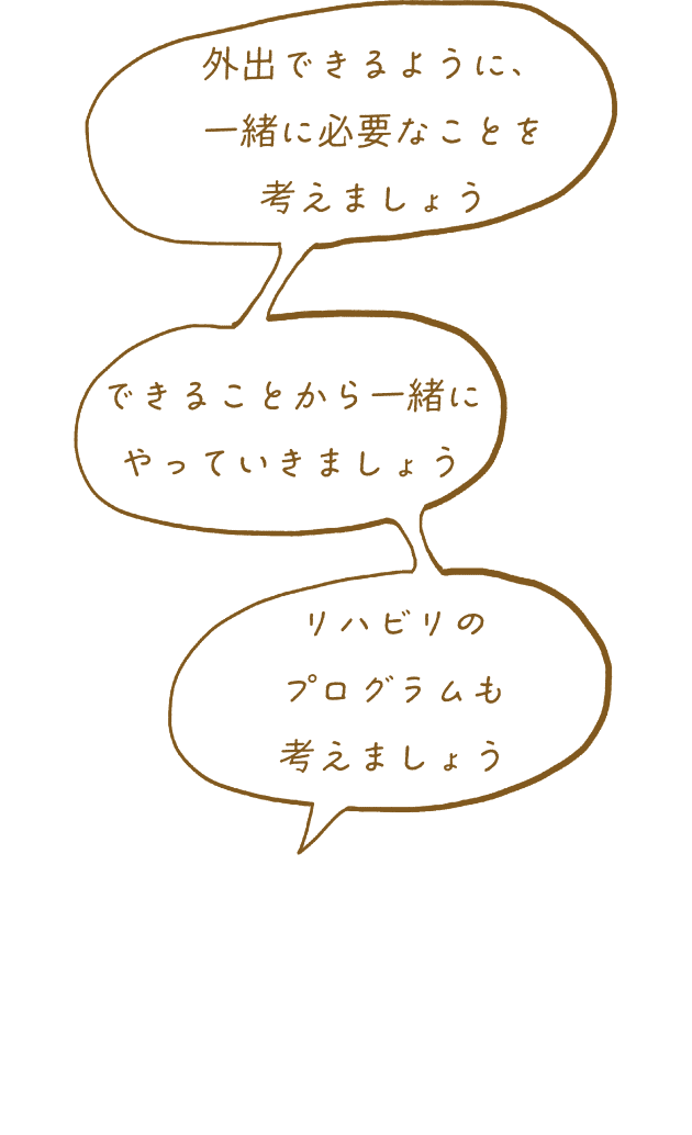 「外出できるように、一緒に必要なことを考えましょう」「できることから一緒にやっていきましょう」「リハビリのプログラムも考えましょう」と答えてくれるスタッフのイメージ